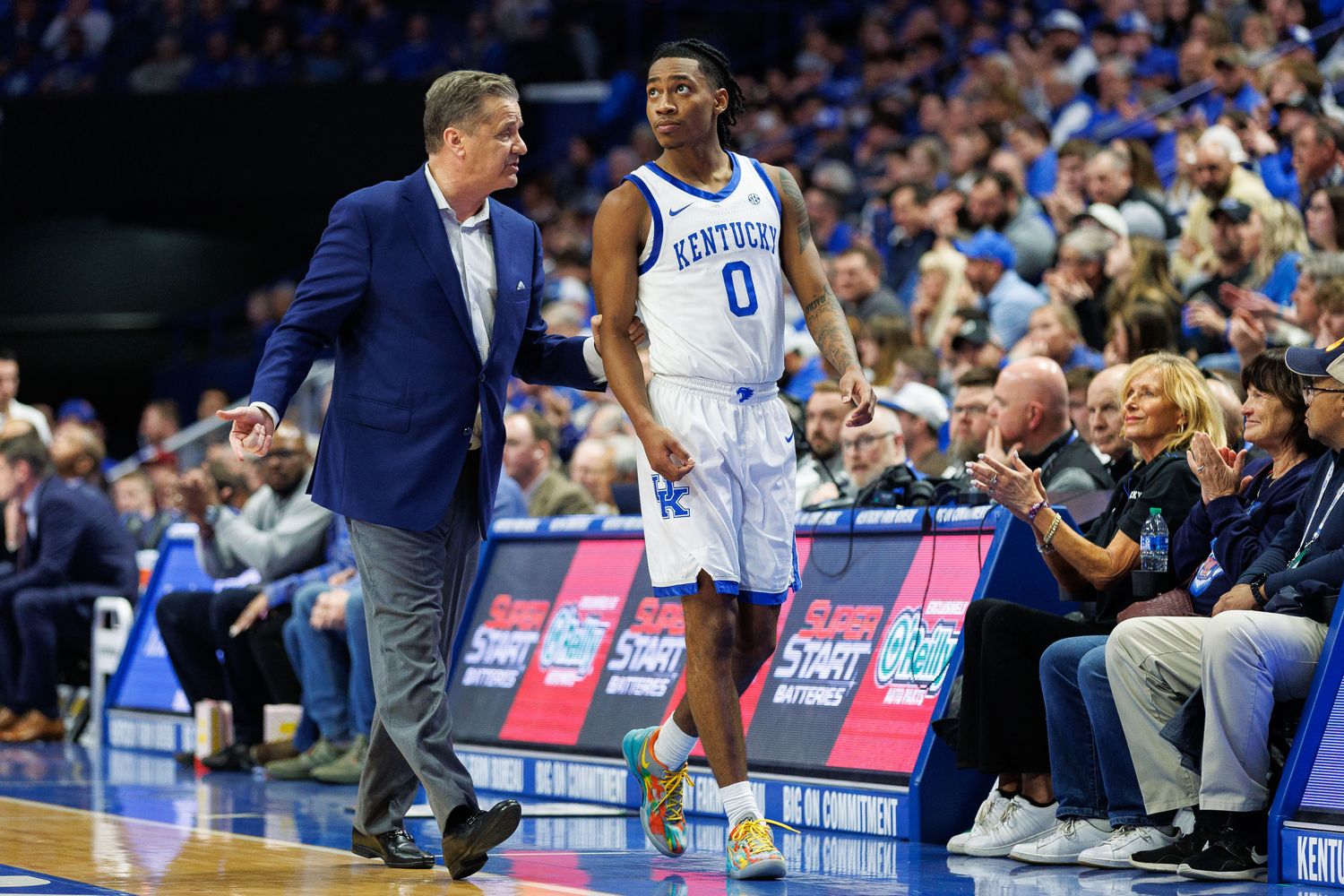 Mar 6, 2024; Lexington, Kentucky, USA; Kentucky Wildcats head coach John Calipari talks with guard Rob Dillingham (0) during the second half against the Vanderbilt Commodores at Rupp Arena at Central Bank Center. Mandatory Credit: Jordan Prather-USA TODAY Sports